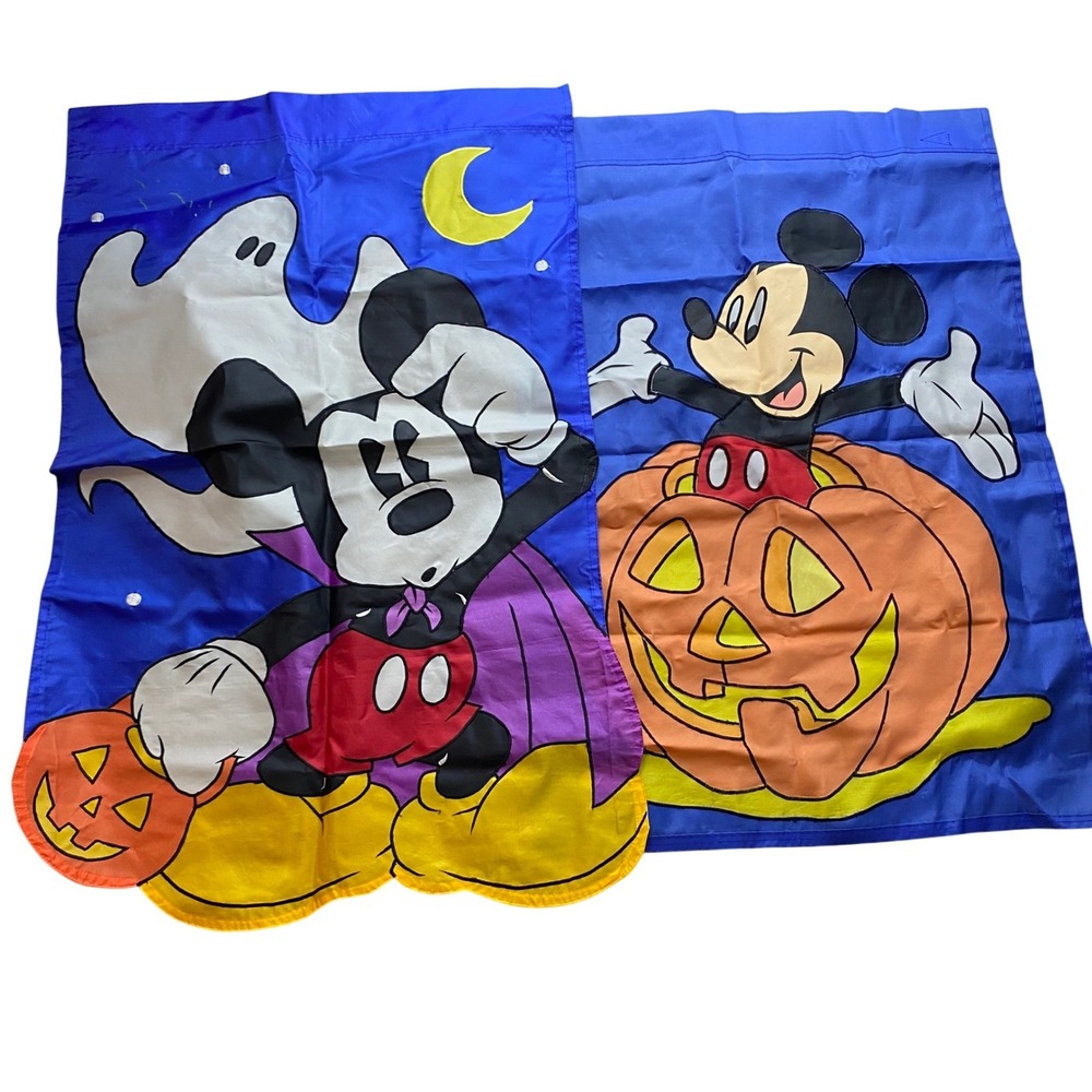 VINTAGE Lot of 2, Disney Mickey Mouse Halloween Garden Flags Pumpkin Ghost Decor